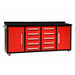 Red 7ft mobile storage workbench with center drawers and side cabinets from Chery Industrial