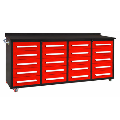 Red 7ft tool storage workbench with 20 drawers on rolling casters from Chery Industrial