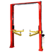 Red AMGO OH-15 2 post vehicle lift with overhead beam and three stage arms for auto shop bays