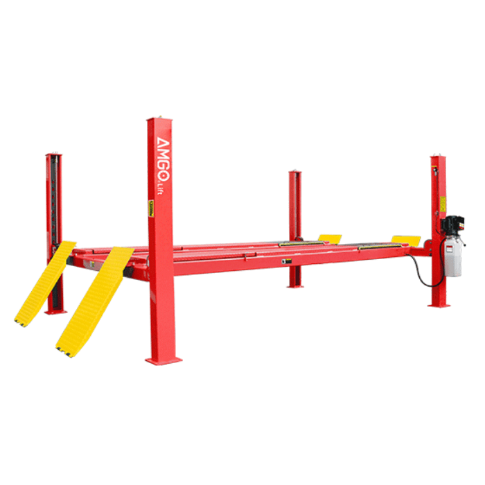Red AMGO PRO-12A 4 post vehicle lift with drive on runways and hydraulic power unit for auto shop bays