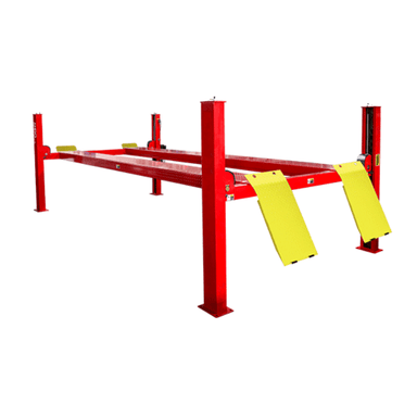 Red AMGO PRO-12 4 post vehicle lift with steel runways and drive on ramps for auto shop service bays