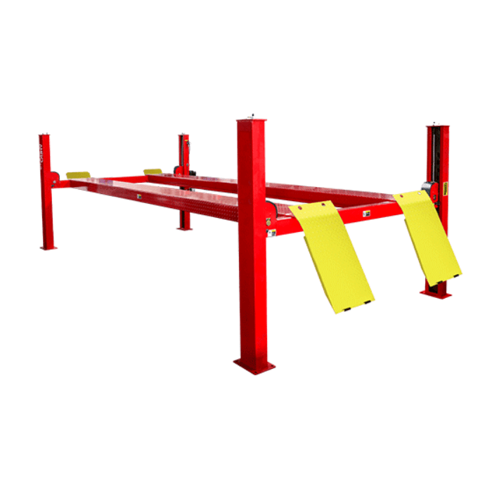 Red AMGO PRO-12 4 post vehicle lift with steel runways and drive on ramps for auto shop service bays