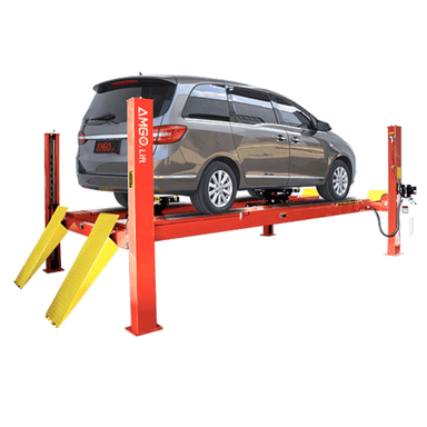 Red AMGO PRO-14AE 4 post vehicle lift with drive on runways, pictured lifting a minivan in a garage