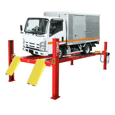 Red AMGO PRO-18 18,000 lb 4 post vehicle lift with adjustable runways, pictured lifting a commercial box truck