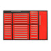 Red Chery Industrial 7 foot tool storage cabinet featuring thirty five drawers, long drawer pulls, and tall lockable side locker