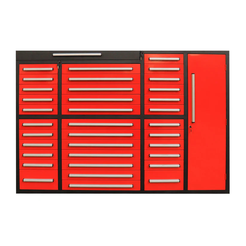 Red Chery Industrial 7 foot tool storage cabinet featuring thirty five drawers, long drawer pulls, and tall lockable side locker