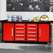 Red Chery Industrial storage workbench shown with tools and paint cans in home garage