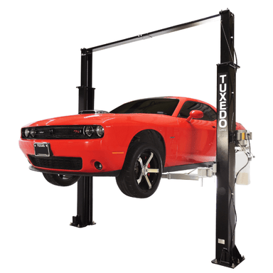 Red Dodge Challenger lifted on Tuxedo TP9KAC-TUX 2 post asymmetric clear floor lift