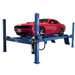 Red Dodge Challenger parked on top of a blue iDEAL FP14KC-X 4-post vehicle lift.