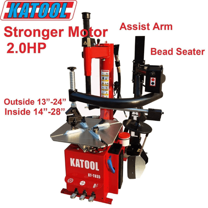Right side view of the Katool KT-T835 Tire Changer and showing different specs