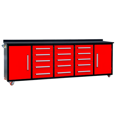 Rolling 10ft tool storage workbench with 15 drawers and dual side cabinets in red finish