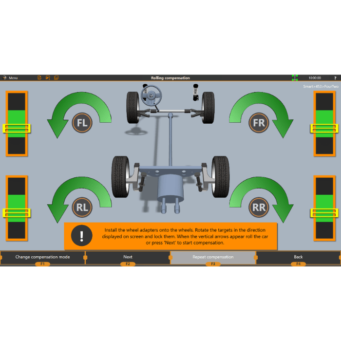 Rolling compensation process on iDEAL 3D wheel aligner for precise calibration