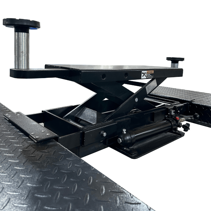 SJ-35 sliding jack mounted on a 4-post car lift runway with extended lifting arms