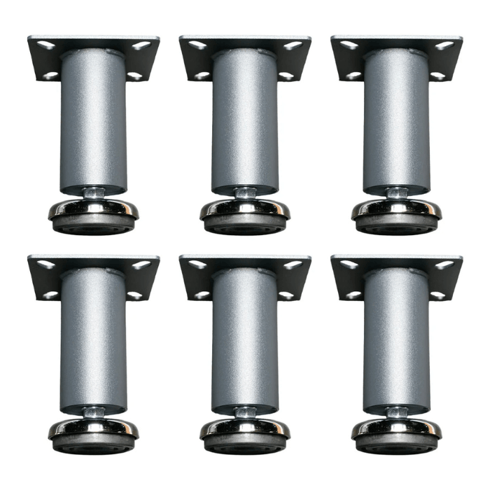 Set of 6 Dragonfire adjustable leveling feet shown together in silver finish DFT-WB-6PF