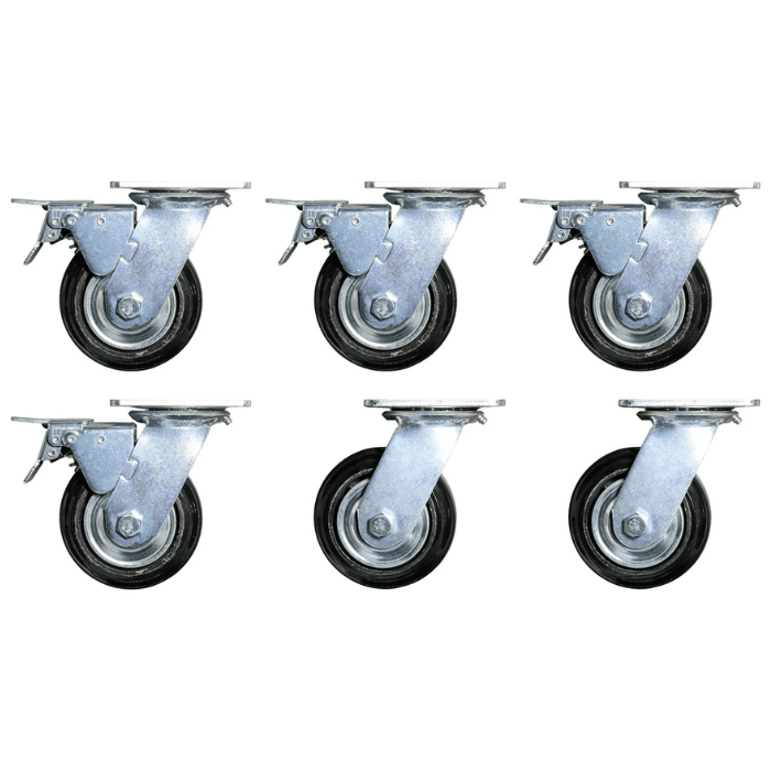 Set of 6 Dragonfire casters with swivel wheels and mounting plates model DFT-WB-6PC