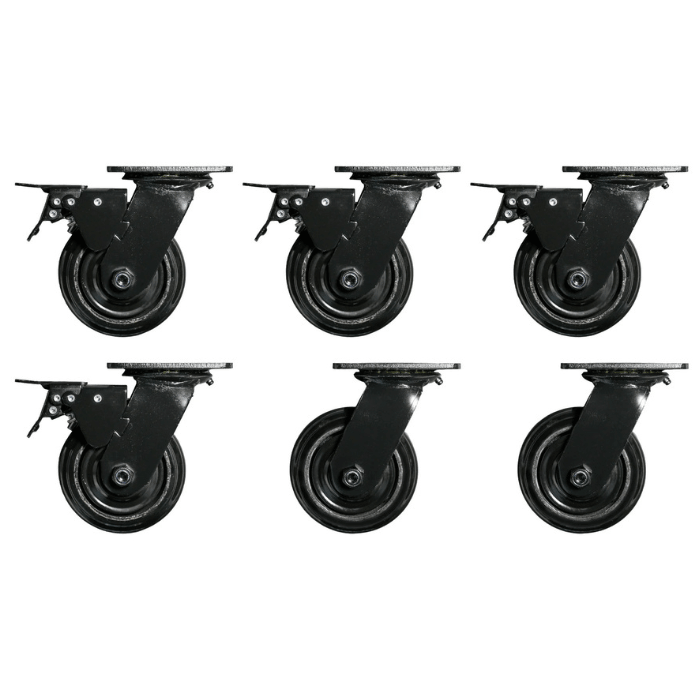 Set of 6 heavy duty Dragonfire workbench casters shown together model DFT-WB-6PC