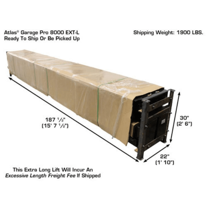 Shipping configuration for the Atlas PRO8000EXT-L Portable 8000lb Four-Post Vehicle Lift, showing its 15-foot 7.5-inch crate length and 1,900 lb freight weight