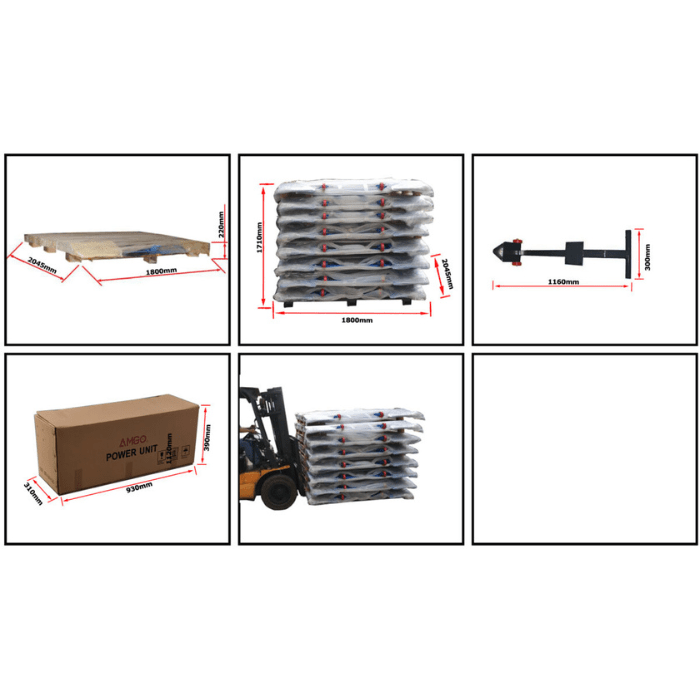 Shipping layout and packaging dimensions for AMGO LR06 scissor lift and components