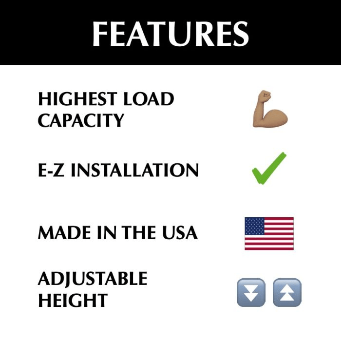 Showing 4 main features of the 4x8 Overhead Garage storage rack including high load capacity, E-Z installation, Made in the USA, Adjustable Height.