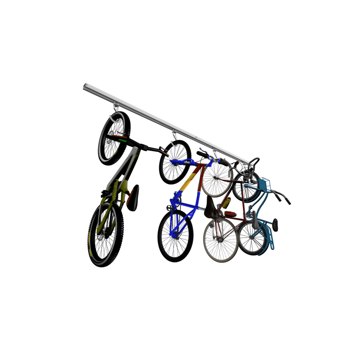 Showing 4 bikes on the Bike Slide PRO by E-Z Garage lowered left front side view