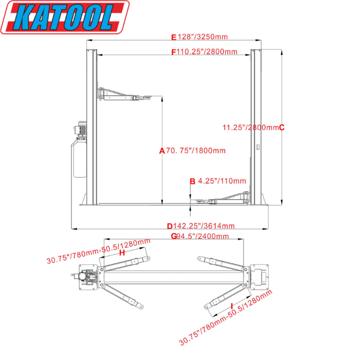 Showing dimensions of the Katool H100 Auto Lift