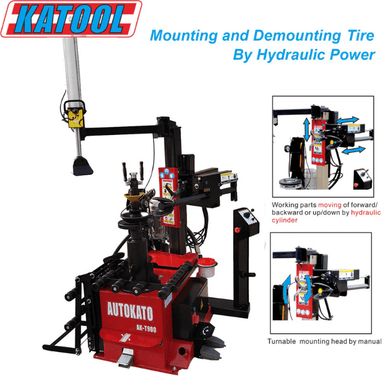 Showing the mounting and demounting of a tire using the KT-T900 Center Post Tire Changer Machine by Katool