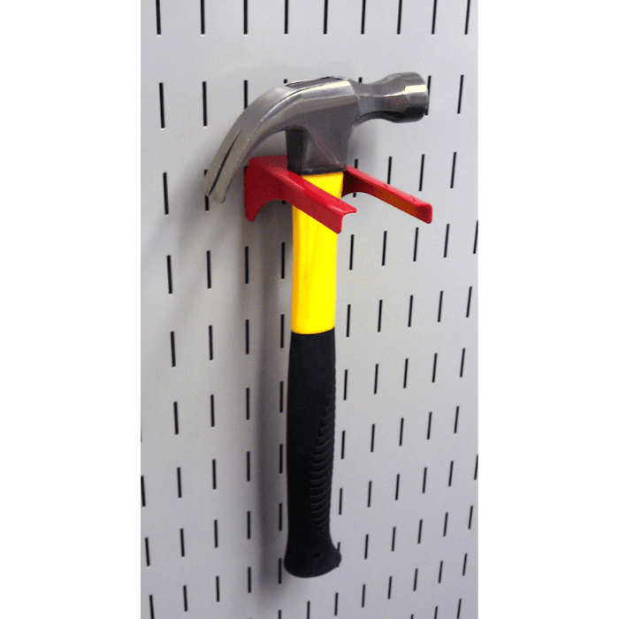 Showing a red handle bracket that comes with the Wall Control Deluxe Slotted Metal Pegboard Accessory Pack