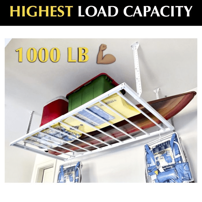 Showing how the 4x8 Overhead Garage storage rack by E-Z Garage has a compacity of 100 pounds.  Overhead rack has a tote, cooler, and kayak on top. Bottom right size view