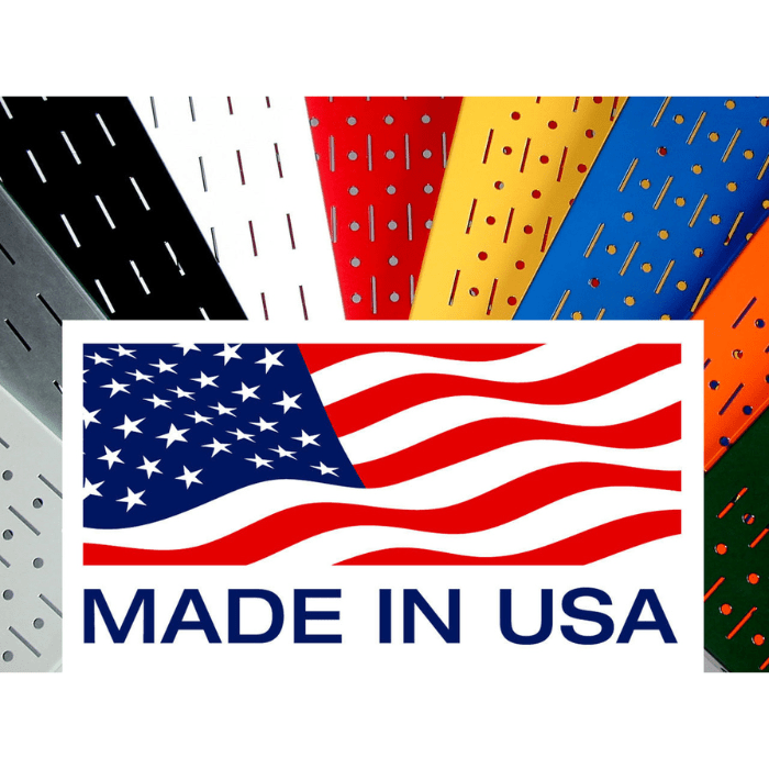 Showing how the Wall Control Basic Slotted Metal Pegboard Accessory Pack is made in the USA and showing different color variants