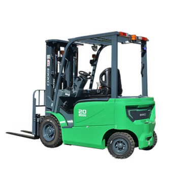 Side-rear view of the EKKO EK25G-Li lithium electric forklift, finished in green and built with solid pneumatic tires and a high-performance lithium battery.