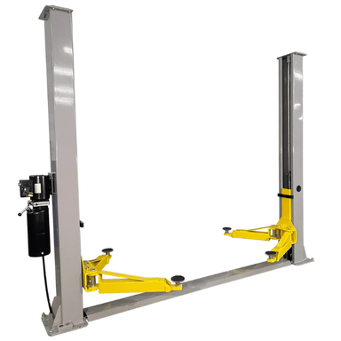 Side profile of Triumph NT-9 two-post car lift with extended lift arms and overhead cable housing