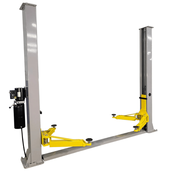 Side profile of Triumph NT-9 two-post car lift with extended lift arms and overhead cable housing