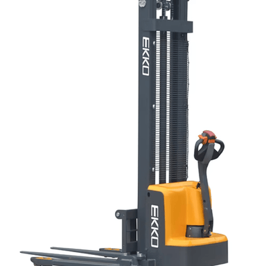 Side profile of the Ekko EB13E straddle stacker highlighting its Curtis controller handle, triple mast, and polyurethane wheels