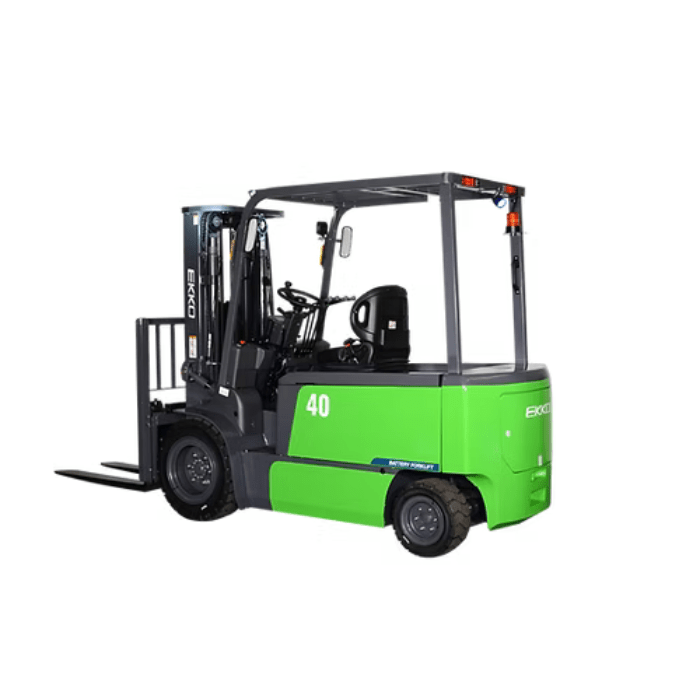 Side profile of the Ekko EK40T-Li 8,000 lb lithium forklift featuring solid pneumatic tires, overhead guard lighting, and compact 45.2 frame for tight-space handling.