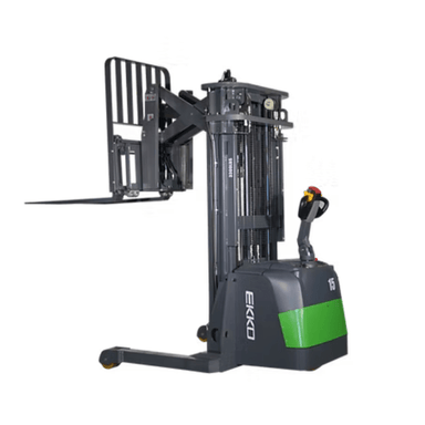 Side profile of the Ekko ER15-Li lithium reach truck with 138-inch lift height and EPS steering for tight aisle navigation