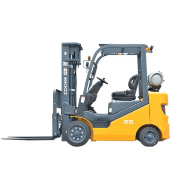 Side profile of the Ekko Lifts EK25CLP forklift with 5,000 lb capacity, LPG tank, and compact design for tight warehouse spaces