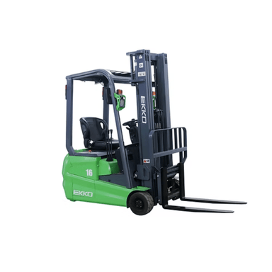 Side profile of the green Ekko EK16A-189Li lithium forklift, showcasing its compact 3-wheel frame and dual lift forks.