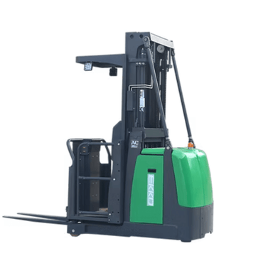 Side view of Ekko 2200 lb Electric Order Picker with triple mast and green steel frame, designed for high-reach warehouse tasks.