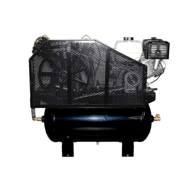 Side view of the Atlas Equipment Air Force Gas 13HP 30 Gallon Air Compressor (AF13) with protective metal cage and horizontal tank design.