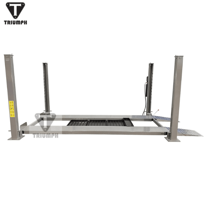 Side view of the Triumph NSS-8 Classic Four-Post Auto Lift featuring diamond-plate runways, integrated ramps, and four sturdy columns designed for an 8,000 lb capacity.