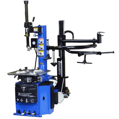 Side view of the Triumph NTC-950-1 Wheel Changer, equipped with a pneumatic assist arm, foot-operated controls, and a heavy-duty turntable for efficient tire work.