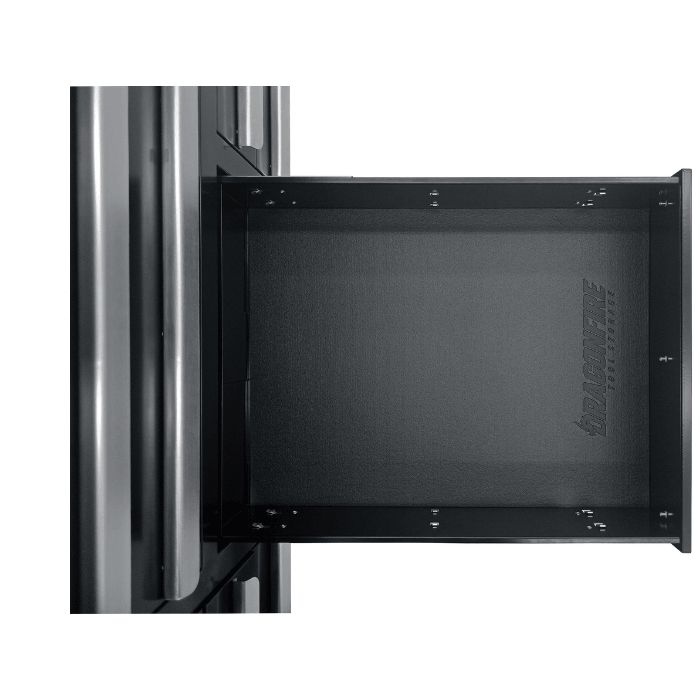 Side view of the pull-out tray drawer on the gray Dragonfire 7ft workbench, Pro Series 17 drawer model DFT-WB-17