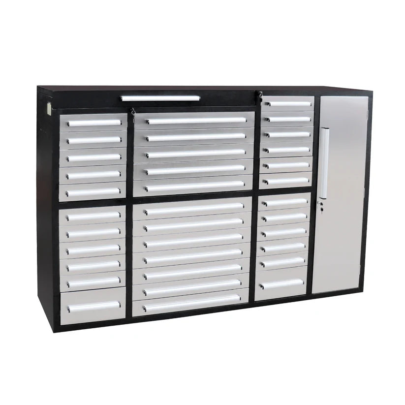 Silver 7ft garage storage cabinet with 35 drawers and tall side cabinet by Chery Industrial