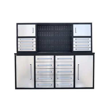 Silver Chery Industrial 7 foot garage workbench tool storage station with pegboard backsplash and multi drawer layout