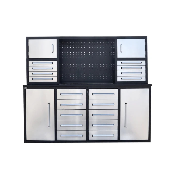Silver Chery Industrial 7 foot garage workbench tool storage station with pegboard backsplash and multi drawer layout