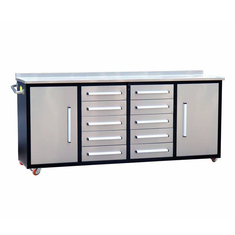 Silver Chery Industrial mobile workshop bench featuring drawers and side cabinets