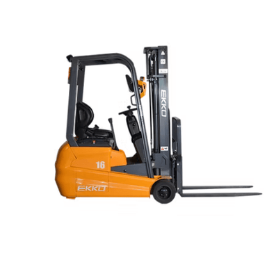 Sleek side profile of the Ekko EK16A-177 electric forklift with 3,500 lb capacity and dual forks positioned for lift-ready operation.