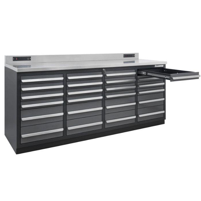 Small drawer pulled out on the gray Dragonfire DFT-WB-24 7ft workbench, showing 24 drawer tool storage layout