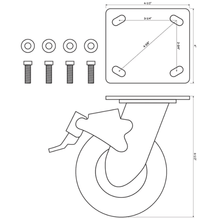 Spec drawing for Dragonfire DFT-WB-6PC casters showing measurements plate size and wheel height