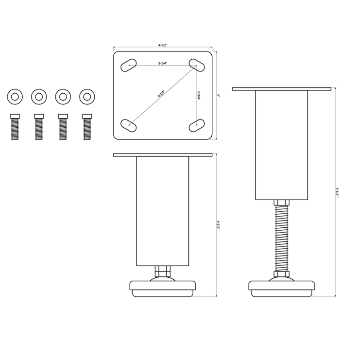 Spec drawing for Dragonfire DFT-WB-6PF adjustable leveling legs showing measurements and hardware